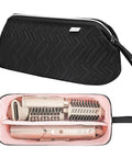 On The Go Travel Case For Shark Flexstyle And Dyson Airwrap Gear Waterproof Dustproof Hair Tools Organizer Bag Fits Supersonic Dryer And Flat Iron Black with pink interior showing organized tools