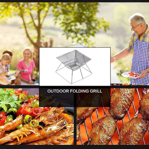 Ultra Lightweight Portable Folding Camping Grill With Handy BBQ Tool Set shown with food and people outdoors cooking on grill.