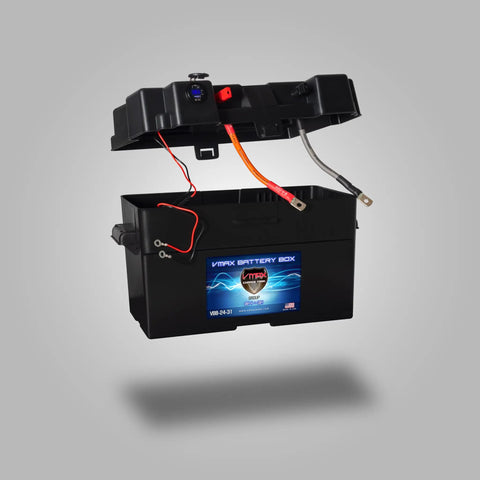 Heavy Duty Battery Box With Usb And Usb C Charging Ports And Built In Voltmeter For Group 24 27 31 Cells, open view showing connections.