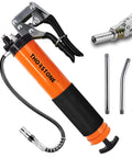Thorstone 7000PSI heavy-duty pistol-grip grease gun kit, orange body, 14oz capacity, 18in hose, extensions and nozzles