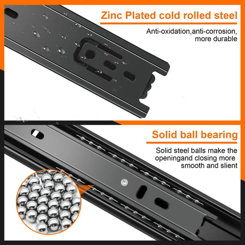 16 Inch Full Extension Drawer Slides Set, 4 Pairs (8 Pieces), Three Fold Side Mount Cabinet Glides, Black Beefy 100 Lb Capacity, Ideal For Dresser, Cabinet, Kitchen, Trash Can, Wardrobe, black steel ball-bearing slide detail