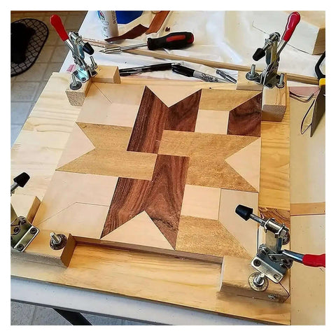 Beefy Toggle Clamp Set 2 4 8Pcs Horizontal And Vertical Quick Release Hand Clamps holding wooden board in woodworking setup.