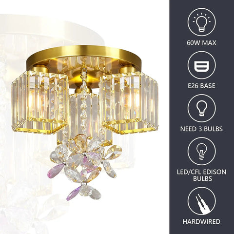 Three Light Semi Flush Mount Ceiling Fixture In Black And Gold With Crystal Accents Dope Modern Close To Ceiling Light For Kitchen Entryway Bedroom Bathroom And Foyer Industrial Glam Style