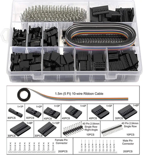 Ratcheting Crimping Tool Kit For DIY Electronics With 1550 Dupont 2.54mm Connectors And 760 JST XH 2.54mm Connectors Plus 1.5m 10 Wire Ribbon Cable in organizer box