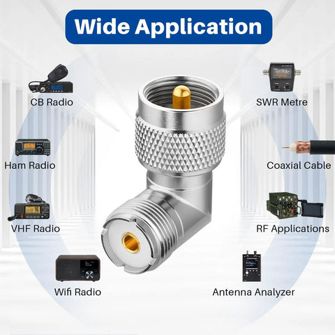 Right Angle UHF PL259 To Female Coax Adapters, 2 Pack, 90 Degree L Shape Connector, applications for radios and analyzers