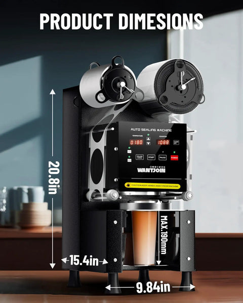 Fully Automatic Cup Sealing Machine 90 To 95mm Electric Sealer With Digital LCD Control Panel in black.