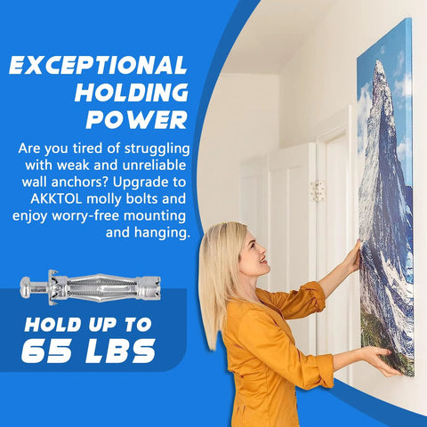 Woman using Heavy-Duty Molly Bolts For Drywall And Plaster Walls Kit to hang a framed mountain picture in a home setting