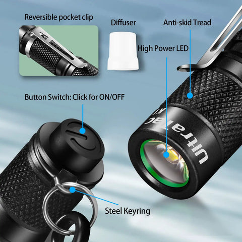 K1 180LM Ultra Bright LED Keychain Flashlight Waterproof AAA Battery Mini Light details with clip, keyring, and LED