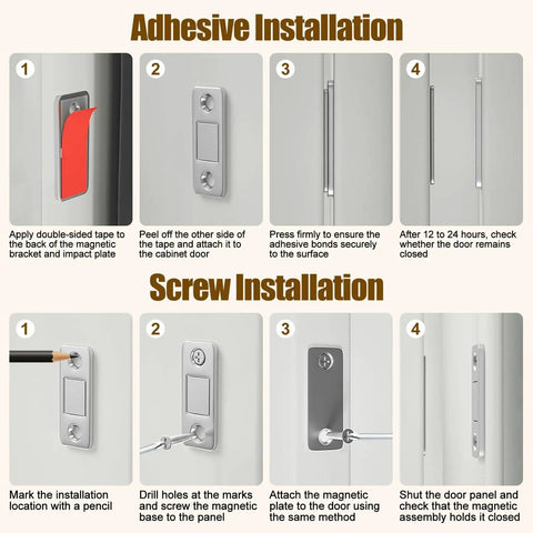 Step-by-step installation instructions for 6 Pack Cabinet Magnetic Catch Set For Easy Install No Drill Stainless Steel Strong Magnetic Latch.