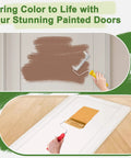 Person painting a door with brown paint using a roller brush, showcasing DIY home improvement and color customization.