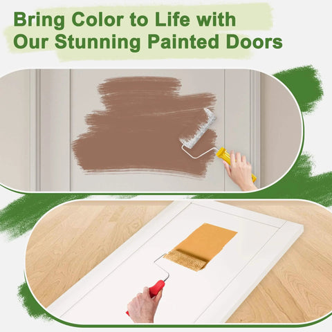 Person painting a door with brown paint using a roller brush, showcasing DIY home improvement and color customization.