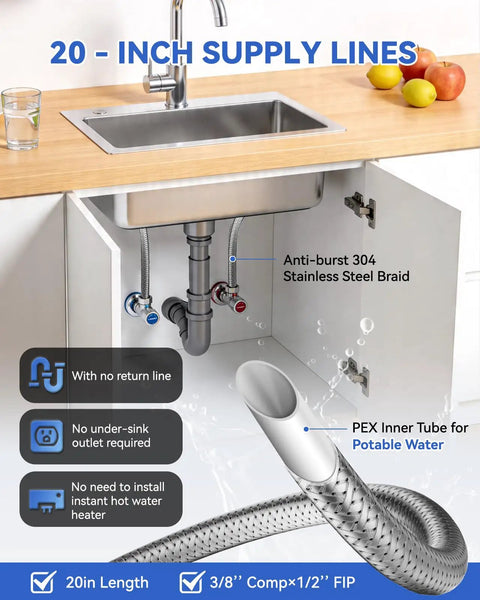 20 inch supply lines for Instant Hot Water Recirculating Pump Kit With 304 Stainless Steel Bypass Valve And 20 Inch Pex Supply Lines For Tank Heaters Featuring Smart Plug And Completely Zero Drama Setup For Real Deal Second Hot Water.