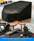 Heavy Duty Leg Extension And Curl Machine Cover For GMWD Gear, black 420D Oxford fabric, covering gym equipment, before and after comparison