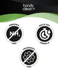 HandyClean pre-moistened lens cleaning wipes front packaging showing ammonia-free, fragrance-free and quick-dry icons.