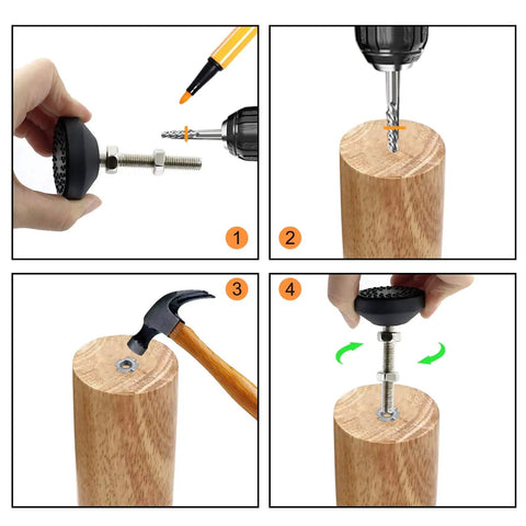 Set Of Four Swivel Furniture Leg Levelers With Adjustable Glide Feet For Tables, Chairs, Cabinets, Workbenches, And Shelving Racks - Easy Install, No Wobble, 1.9 Inch Base Diameter, M8 Thread Size, 1.9 Inch Thread Length, Includes T Nuts