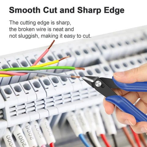 Two Pack Ultra Sharp Flush Cutters for trimming wires in electronics setup, showcasing ergonomic design and sharp precision cut.