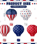 Five Pack 12 Inch Patriotic Hot Air Balloon Paper Lanterns For 4th Of July Indoor Outdoor Party Decor With Stars And Stripes Navy Star Field And Old Glory Designs, showcasing various patriotic designs.