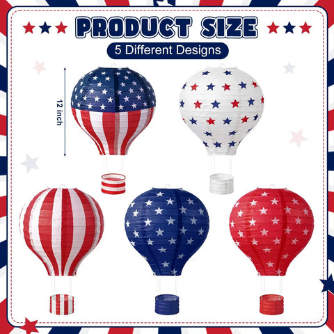 Five Pack 12 Inch Patriotic Hot Air Balloon Paper Lanterns For 4th Of July Indoor Outdoor Party Decor With Stars And Stripes Navy Star Field And Old Glory Designs, showcasing various patriotic designs.