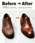 Before and after of shoes demonstrating Medium Brown Leather Repair Kit And Recoloring Balm That Blends On Quick To Mask Scuffs Fades And Creases Restoring Your Favorite Upholstery Pieces With Legit Showroom Shine Daily.
