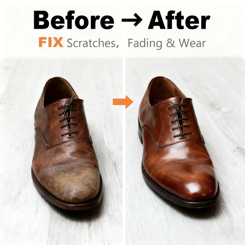 Before and after of shoes demonstrating Medium Brown Leather Repair Kit And Recoloring Balm That Blends On Quick To Mask Scuffs Fades And Creases Restoring Your Favorite Upholstery Pieces With Legit Showroom Shine Daily.