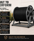 Beefy Heavy-Duty Garden Hose Reel With 200 Ft Capacity, showcasing all-metal build and sleek graphite finish, dual mount visible