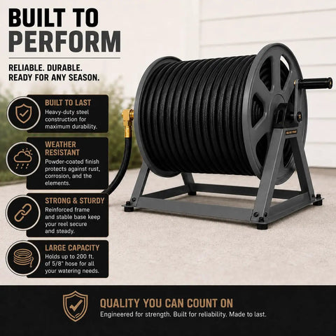 Beefy Heavy-Duty Garden Hose Reel With 200 Ft Capacity, showcasing all-metal build and sleek graphite finish, dual mount visible