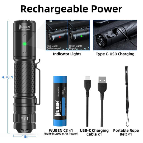 Rechargeable 1200 Lumen Tactical Flashlight With Type C Charging IP68 Waterproof 6 Light Modes 2600mAh Battery accessories shown