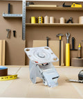 Heavy Duty Swivel Caster Bracket With Parking Brake, Four Inch Steel Rotating Wheel Frame on workbench with tools.