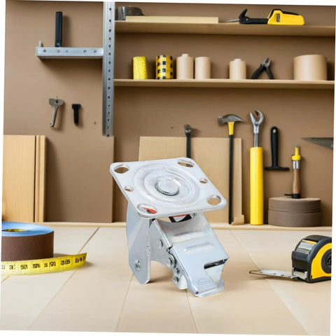 Heavy Duty Swivel Caster Bracket With Parking Brake, Four Inch Steel Rotating Wheel Frame on workbench with tools.