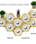Yellow honeycomb toilet paper holder with bees, holds nine rolls in multiple configurations, shown wall-mounted with plants.