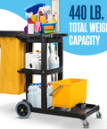 Cleaning Cart On Wheels For Janitorial And Custodial Use Heavy Duty Rolling Supply Organizer For Housekeeping Maintenance And Maid Services 440 LB Capacity with shelves and supplies, front view