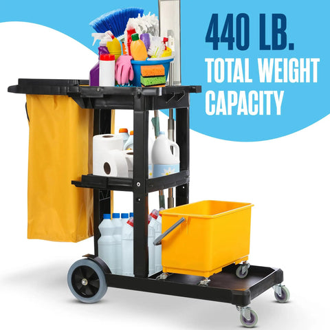 Cleaning Cart On Wheels For Janitorial And Custodial Use Heavy Duty Rolling Supply Organizer For Housekeeping Maintenance And Maid Services 440 LB Capacity with shelves and supplies, front view