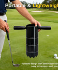Person holding a Portable Golf Hole Cutter With Detachable Handle, Stainless Steel Hole Digger by a golf green.