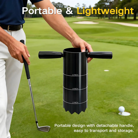 Person holding a Portable Golf Hole Cutter With Detachable Handle, Stainless Steel Hole Digger by a golf green.