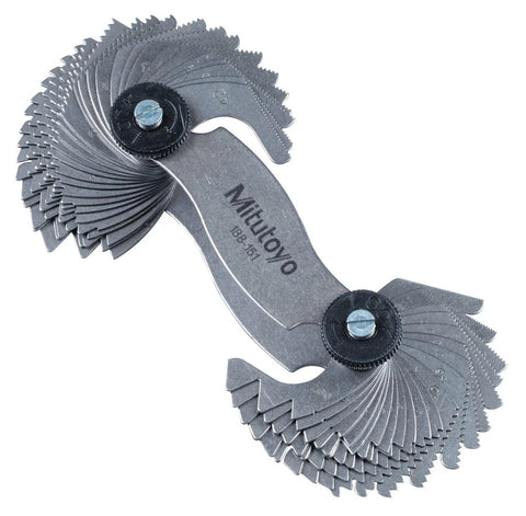 Mitutoyo 188-151 screw pitch gauge, front view, 51 leaves, 4–42 TPI and 0.4–7 mm, black