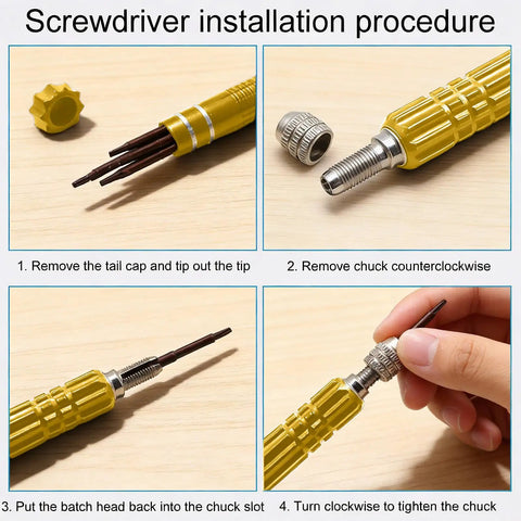 Step-by-step guide for using 5 In 1 Multifunctional Mini Precision Screwdriver Pen With Magnetic Bits For Eyeglasses Sunglasses Electronics Cellphone Jewelry Includes 5 Micro Bits And Grab And Go Magnetic Repair Kit Golden.