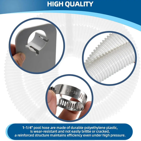 Components of the No Brainer 1.25 Inch 59 Inch Pool Hose Kit for Above Ground Pools with focus on hose, clamp, and hanger.