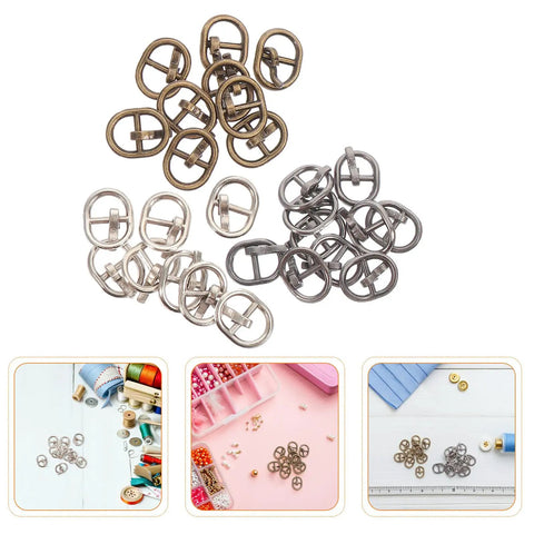 150 Pcs Miniature Alloy Buckles for Doll Clothes and DIY Projects in silver, gunmetal, antique brass on white background