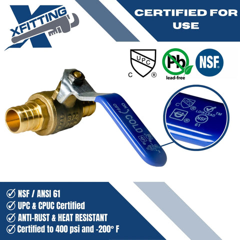 Image of Three Quarter Inch Pex Ball Valve Blue Cold Brass 400 PSI Hundred Pack For All Pex Tubing Brands Works With Crimp Or Clamp.