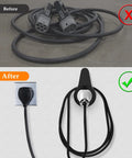 Super Tuff EV Charger Holder Wall Mount keeps your J1772 nozzle and cables tidy and off the floor in before and after comparison.