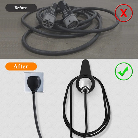 Super Tuff EV Charger Holder Wall Mount keeps your J1772 nozzle and cables tidy and off the floor in before and after comparison.