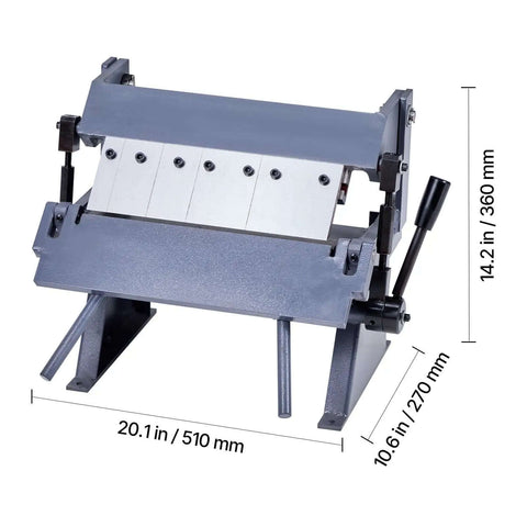 12 Inch Sheet Metal Bender For DIY Projects, 20 Gauge Mild Steel Capacity, adjustable box and pan brake with measurement dimensions