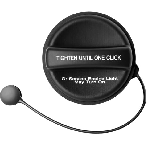 Gas Cap For Chevy GMC Cadillac Trucks And SUVs 2012 To 2021 Silverado Suburban Tahoe Yukon Escalade Express 1500 2500 3500 4500 Black Durable Universal Fit Easy Install Replacement Fuel Filler Cap showing tighten instruction