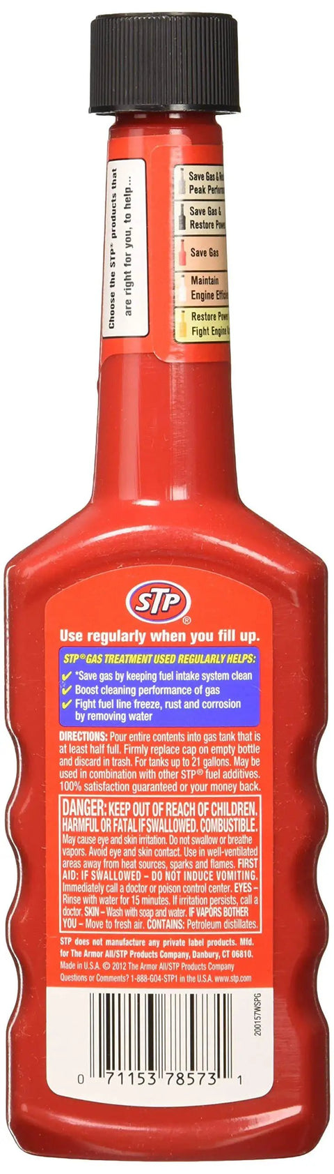 STP Gas Treatment 5.25 Ounce Fuel Additive Pack Of 12 Per Case For Cleaner Gas bottle back view