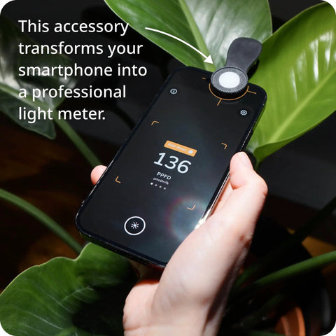 PAR Meter Accessory for Plant Growers Measure PPFD and DLI with Photone App Illuminance in Lux and Foot Candles Includes Far Red ePAR Data and Beginner Guides with Top Notch Accuracy smartphone PAR meter on plant leaves