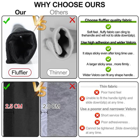 Comparison of fluffy versus thin fridge handle covers, highlighting durability, velcro width, and fabric thickness for better grip.