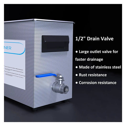 Huge 6.5L Ultrasonic Cleaner Tank With Heat For Deep Carburetor And Engine Part Scrubbing 40KHz Powerful Cleaning Machine With Knob Control Durable Stainless Steel Design, featuring a stainless steel drain valve.