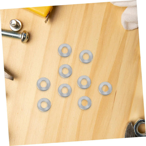 M6 Conical Knurled Spring Washers 40 Pack Heavy Duty 304 Stainless Steel on a wood surface, circular design with embossed grip.