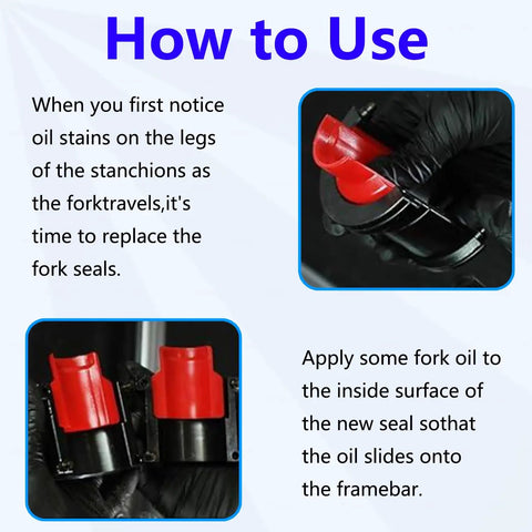 Instructional image on using Pro Grade 14 Piece Universal Fork Seal Driver Tool Kit For Motorcycles And Bikes with adapters.