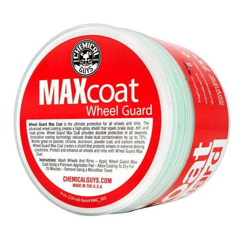 Wheel Guard Max Coat Rim Sealant 8 oz container with detailed label instructions and branding visible